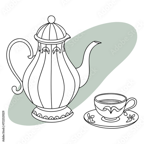Elegant black and white line art illustration of a decorative teapot and teacup set with a subtle green abstract background shape perfect for beverage and hospitality themes