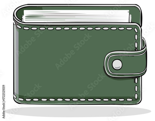 Green leather wallet illustration, with clasp, stitching, and white pages