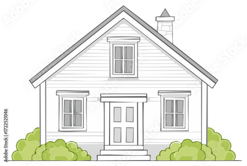 Illustration of a charming small house with green bushes and a chimney on a white background