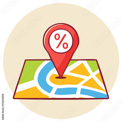 Location pin with percentage symbol on a colorful map showing discount deals