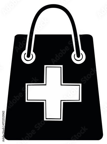 Black Shopping Bag with White Cross Symbol: Healthcare Products and Medicine Purchases