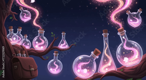 Glowing Pink Potions in Glass Bottles.