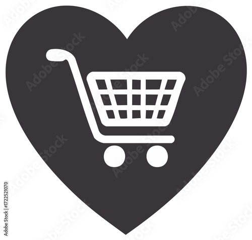 Simple flat icon of a shopping cart within a heart representing love for shopping and consumerism