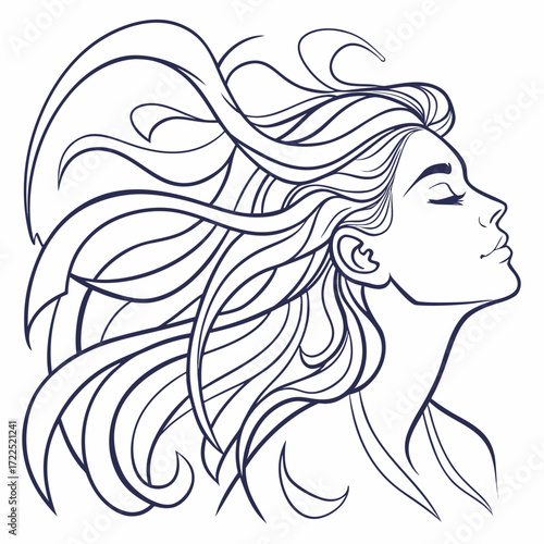 Elegant line art drawing of a woman with flowing hair in profile closed eyes serene expression artistic illustration beauty concept