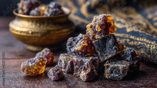 Natural Myrrh Resin Chunks on Wooden Surface