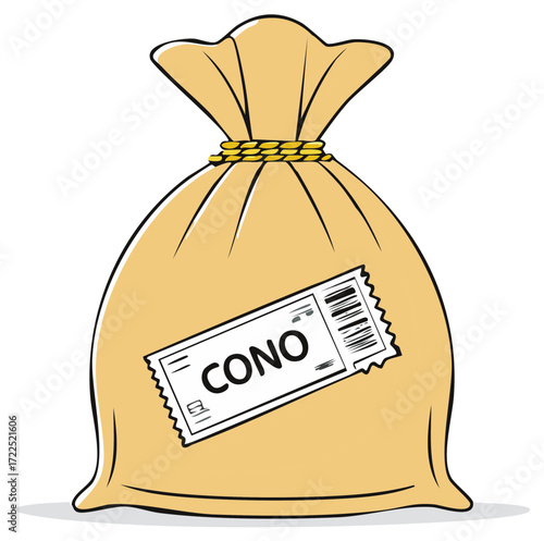 Illustration of a yellow sack tied with gold cord with a ticket labeled CONO attached