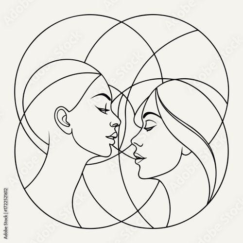Elegant minimalist line art illustration of two women s profiles facing each other within a circular geometric design symbolizing connection and harmony