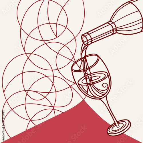 Elegant minimalist line art illustration of red wine being poured from a bottle into a wine glass with abstract swirling lines and a red geometric shape