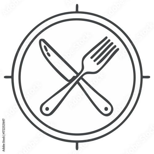 Crossed knife and fork inside a circular plate icon with compass points