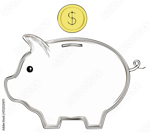 Piggy bank contour drawing depositing coin for financial growth and savings concept