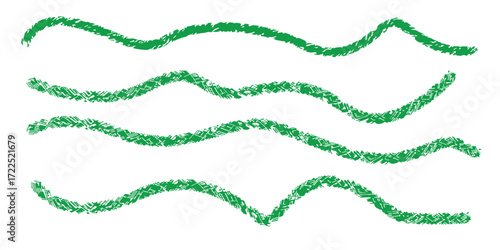 Four wavy green lines drawn with crayon