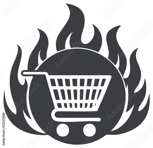 Dynamic Hot Deal Shopping Cart Icon with Flames for Urgent E-commerce Promotions and Bargains