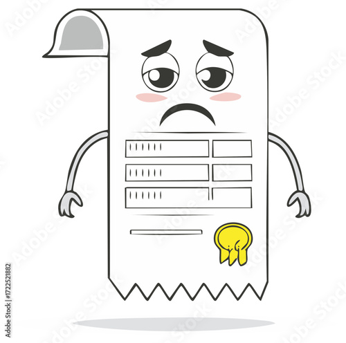 Sad bill with cartoon face showing expenses and financial problems