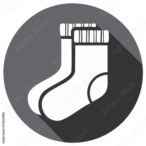Simple minimalist icon of two white socks with ribbed tops and long shadows on a gray circle