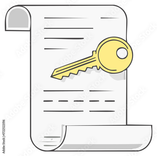 Document with Key, Mortgage Approval, Contract Signing, Illustration
