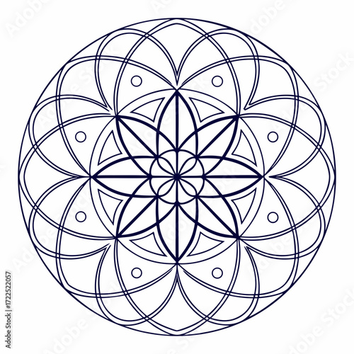 Intricate geometric mandala design with repeating floral and circular patterns in dark blue outline on a white background representing symmetry and harmony