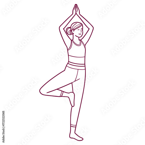 Line art illustration of a woman in a yoga tree pose with her hands clasped above her head embodying balance and mindfulness
