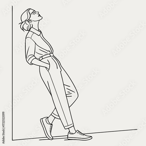 Minimalist line art illustration of a stylish woman leaning against a wall with her hands in her pockets and looking upwards with a relaxed pose
