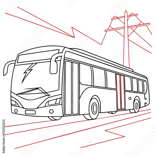 Modern electric bus with lightning bolt symbol on windshield driving on road with power lines overhead symbolizing clean energy transportation and future mobility