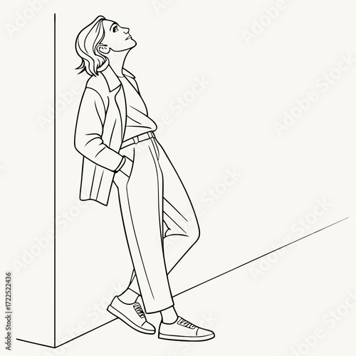 Stylish young person leaning against a wall looking upwards with hands in pockets wearing casual clothing and sneakers line art illustration