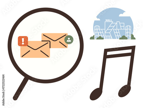 Magnifying glass over alert envelopes, mall building, and musical note. Ideal for email management, notifications, urban life, shopping, entertainment music digital tools. Simple flat metaphor
