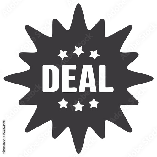 Deal Starburst Icon, Promotional Badge with White Letters and Stars for Offers, Sale, and Bargains