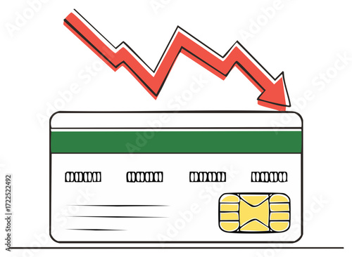Credit card with downward red arrow symbolizing financial decline debt crisis economic recession illustration