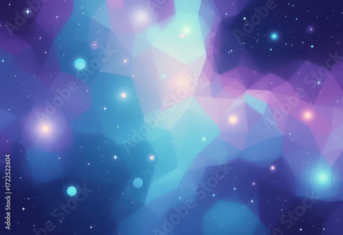 A vibrant, polygonal space backdrop showcases a mix of pastel purples, blues, and pinks, filled with glowing stars and illuminated cosmic shapes.