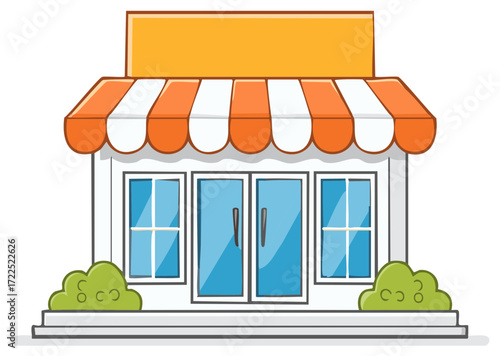 Cartoon storefront with orange awning and blank sign perfect for small business