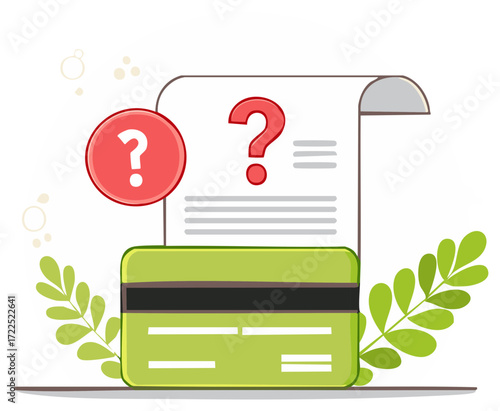 Credit card payment problem concept showing a bill document with question marks