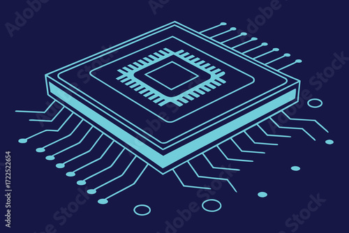 Cyan microchip with circuit board lines and dots on dark blue background technology computer chip
