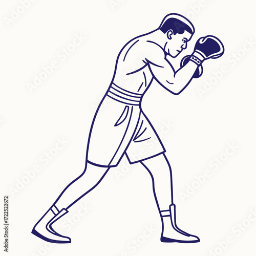 Stylized line art illustration of a male boxer in a defensive stance wearing boxing gloves and shorts isolated on a white background representing combat sports and athletic training