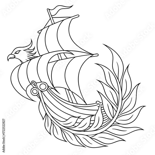 Stylized viking ship with phoenix head and fiery waves in black and white outline art