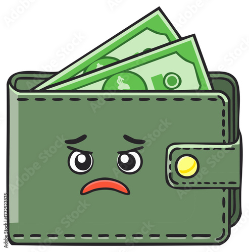 Sad Wallet With Money, Unhappy Finance Cartoon Character, Economic Anxiety Concept, Financial Stress