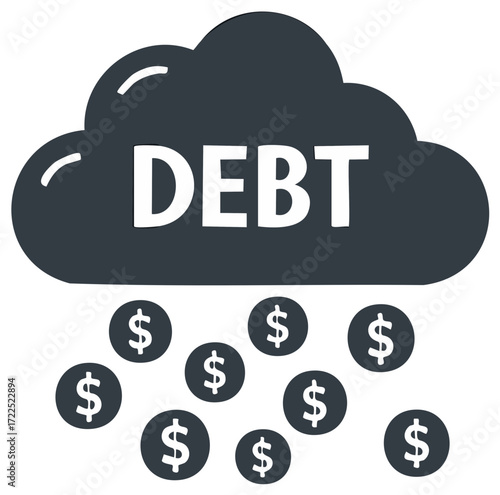 Dark cloud raining dollar signs representing debt and financial burden concept.