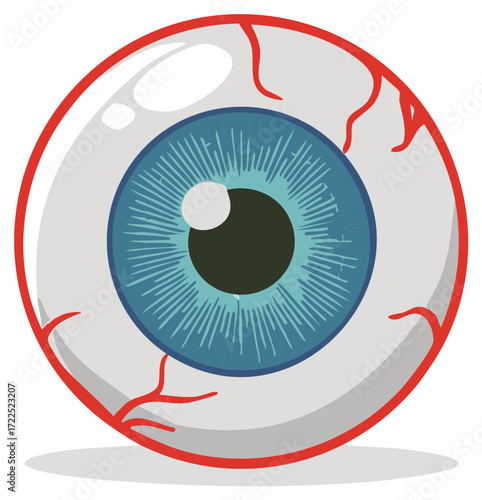 Detailed Cartoon Eyeball Vector Illustration Featuring Blue Iris and Red Blood Vessels for Vision and Medical Concepts