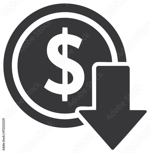 Dollar sign on coin symbol with a downward arrow illustrating decreasing finances