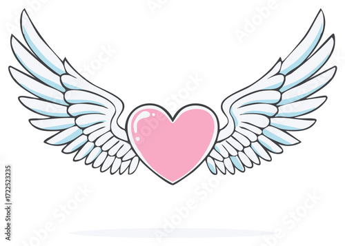 Pink Heart with White Angel Wings Flying Symbol of Love and Romance Illustration