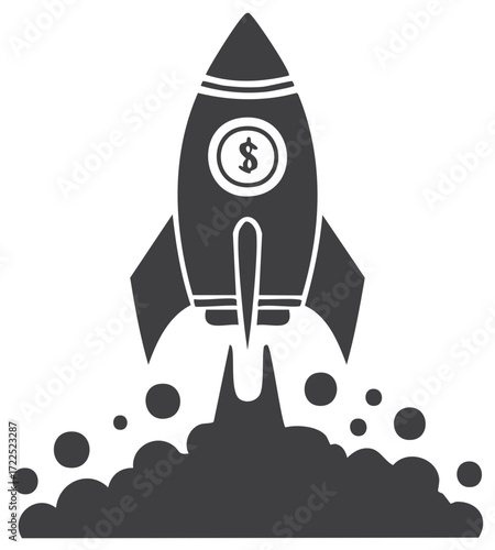 Rocket taking off with dollar sign for financial growth business success and startup investment