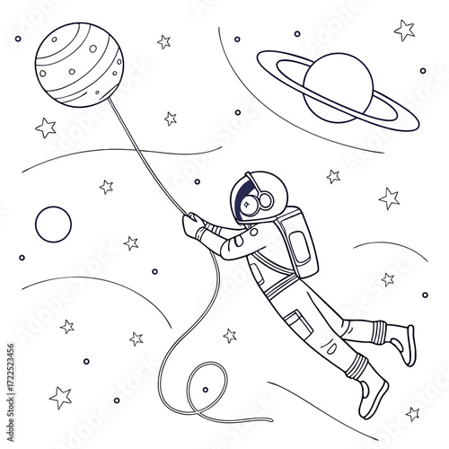 Whimsical line art illustration of a playful astronaut floating in outer space holding onto a balloon shaped like a planet surrounded by stars and other celestial bodies