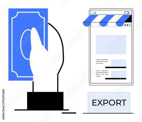 Hand holding banknote next to storefront on smartphone screen and export box. Ideal for e-commerce, global trade, online payment, financial transactions, digital marketing, retail, export business