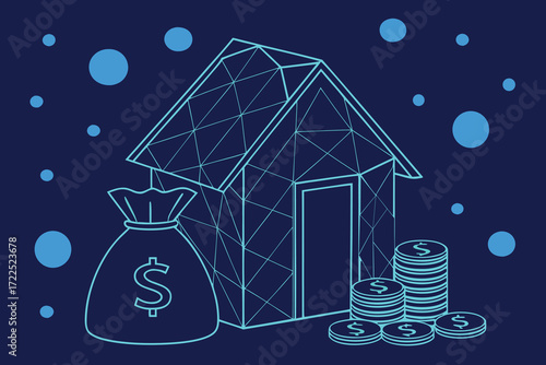 House with money bag and stacks of coins on a dark blue background finance wealth