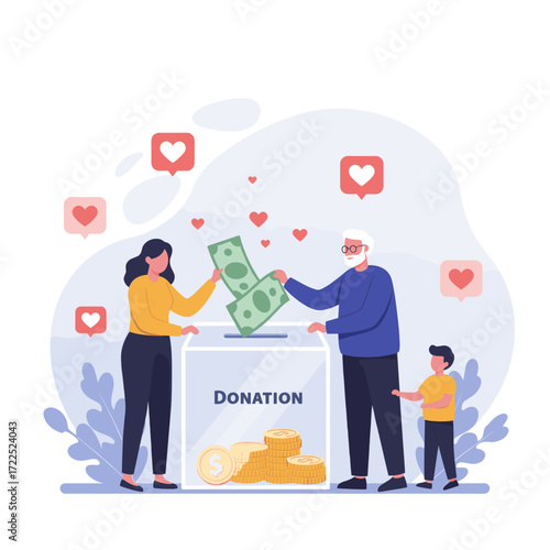 A man donates money to a charity box surrounded by hearts.