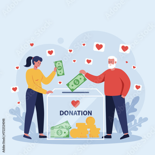 Two people donating money into a charity box with heart icons.