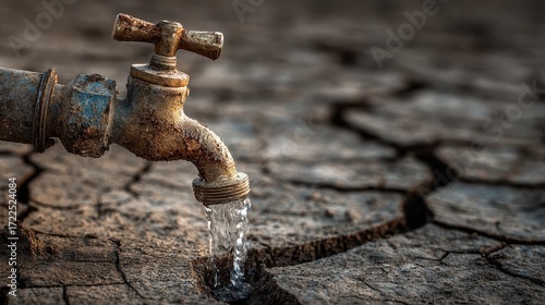 Old faucet drips water onto dry, cracked earth landscape in an arid climate. It can illustrate drought, water scarcity, or environmental issues.