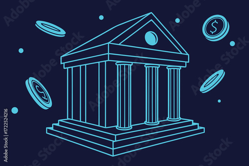Outline of a Greek-style bank building with coins and dots on a dark blue background finance money