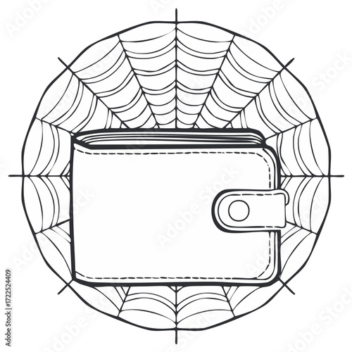 Black and white line art of wallet entangled in a spiderweb drawing