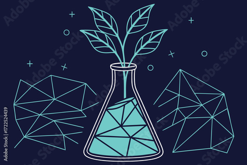 Scientific flask with a growing plant and geometric shapes on a dark blue background science research