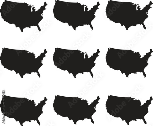Nine silhouettes of the united states of america in a grid