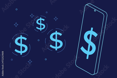 Smartphone Displaying Dollar Signs with Falling Currency Symbols mobile money